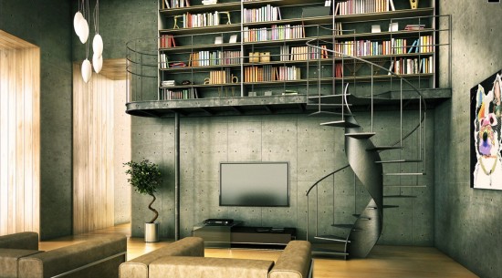 A home library with a spiral staircase and bookshelves.