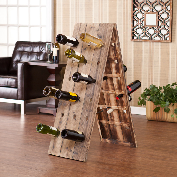 A wooden wine rack in a living room that you’ll adore.