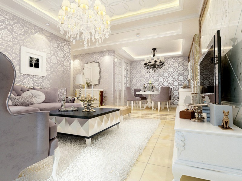 A white and silver diva den with a chandelier.