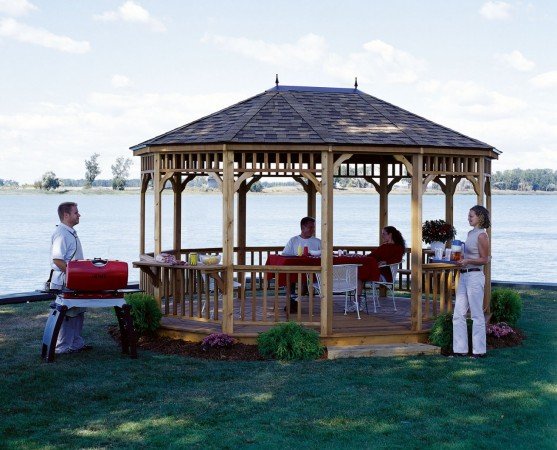 A wooden gazebo perfect for backyard entertaining.