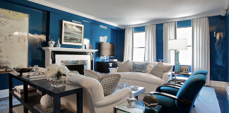 Blue gloss paint highlights this living area