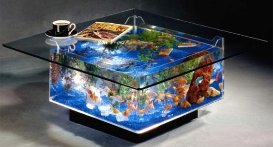 An aquarium functions as a coffee table