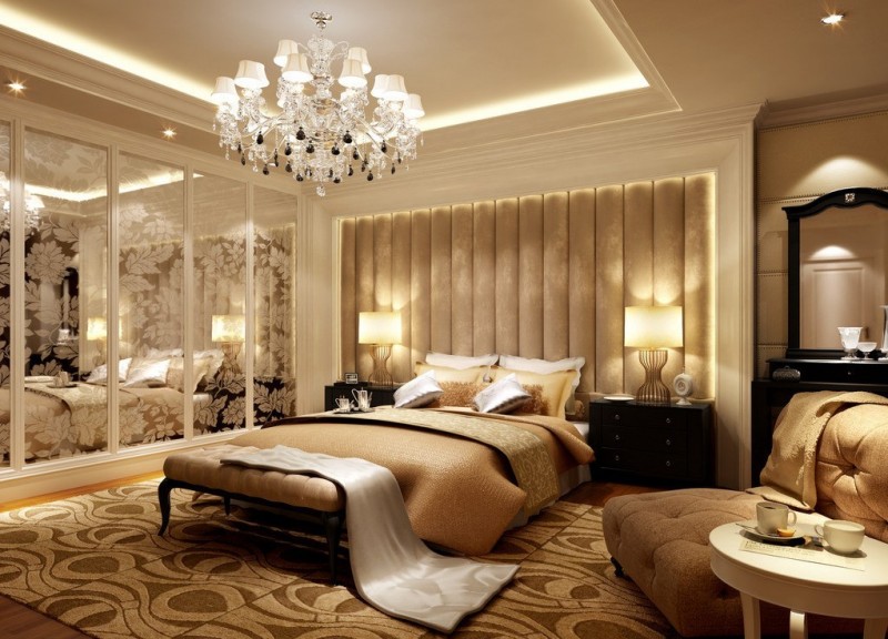 A bedroom with a chandelier and a bed, perfect for a diva den.