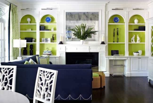 Apple green makes these shelves pop and freshens the room