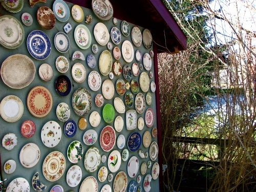 Colorful display of plates outdoors