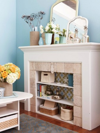 Shelving creates a charming display in an unused fireplace 