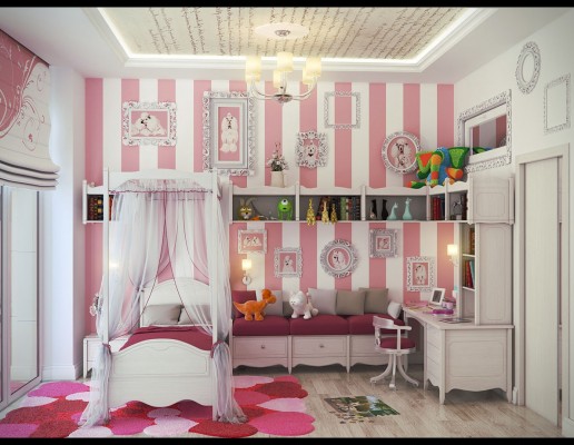 A pink and white striped girl's bedroom.