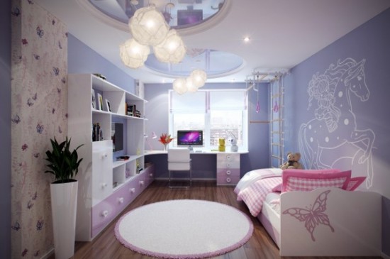 A girl's bedroom with purple walls.