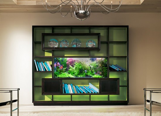 A small aquarium integrates into a shelving unit 