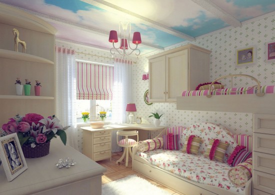 A girl's bedroom with a bed and desk.