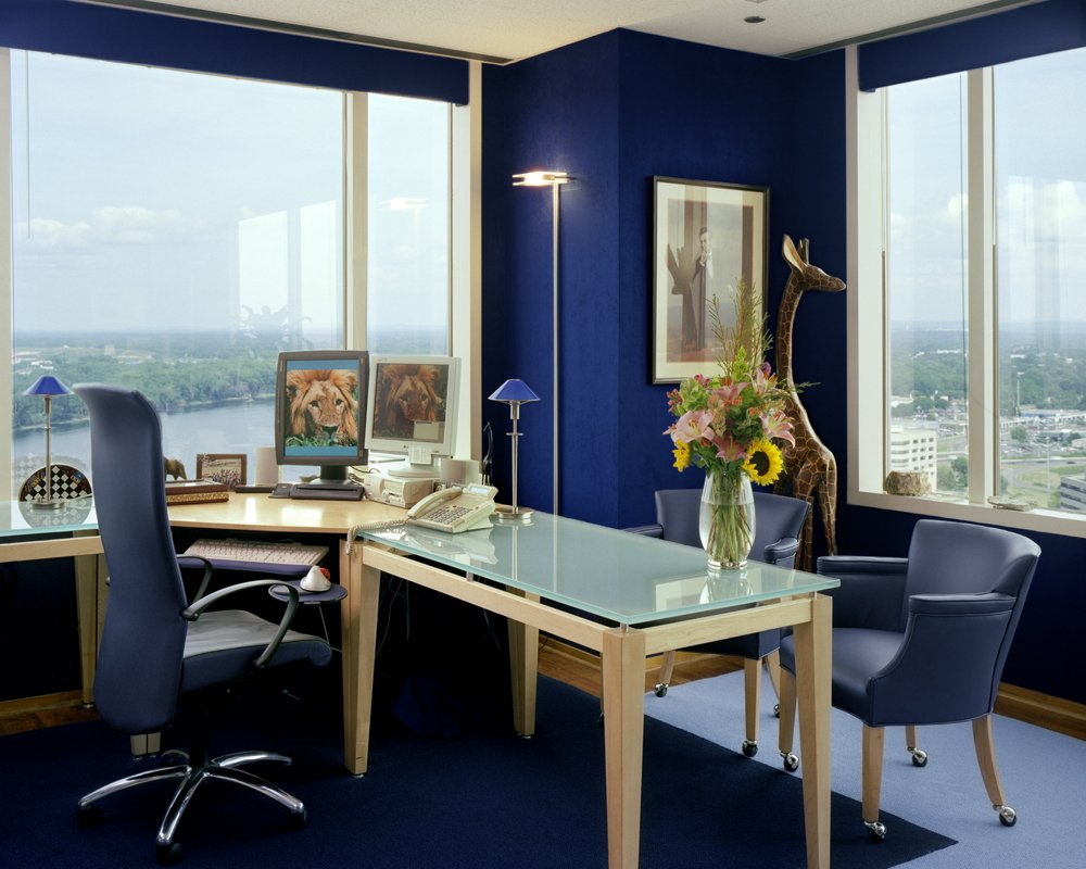 Decorate your work office with a blue giraffe.