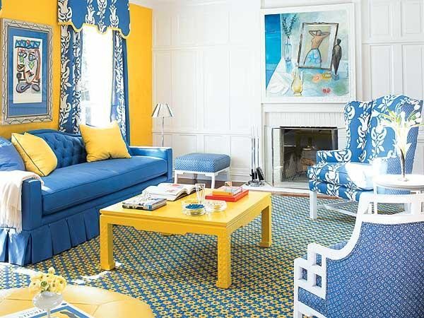 Bright yellow pops in this blue and white interior