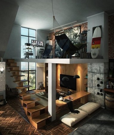 An image of a loft with stairs and a surfboard in a loft space.