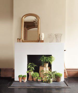 A fireplace with potted plants and a mirror, perfect for off-season decoration.