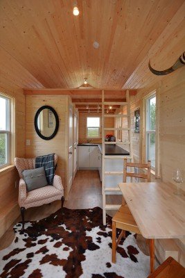A cozy tiny house with a cowhide rug.