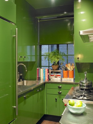 Fresh green gloss kitchen cabinets