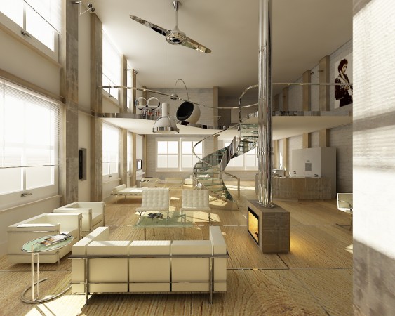 A loft space with a spiral staircase.