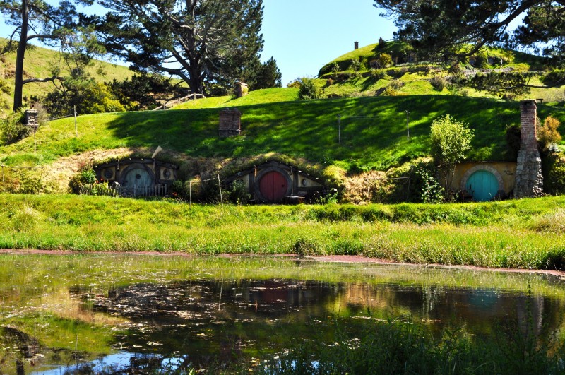 Experience the authentic Middle-Earth ambiance at the Hobbiton Movie Set, featuring a pond in front of the hobbit houses.