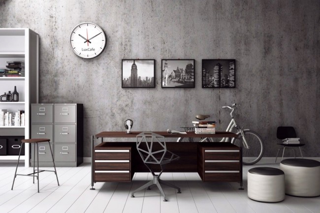 A masculine home office with a clock on the wall.