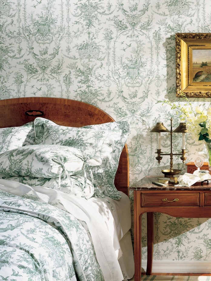 Fresh green toile charms this bedroom