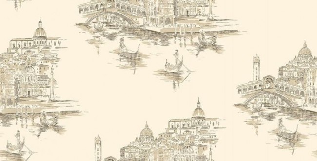 A toile wallpaper with a drawing of a city.