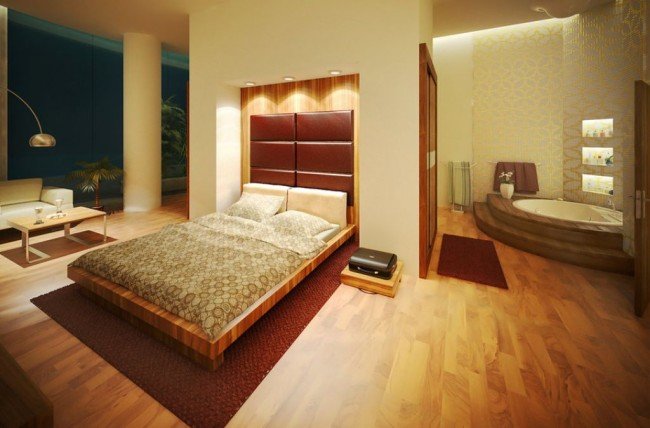 Stylish modern bedroom with open bathroom 