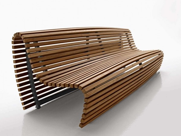 A wooden garden bench with slats on it to enhance your outdoor space.