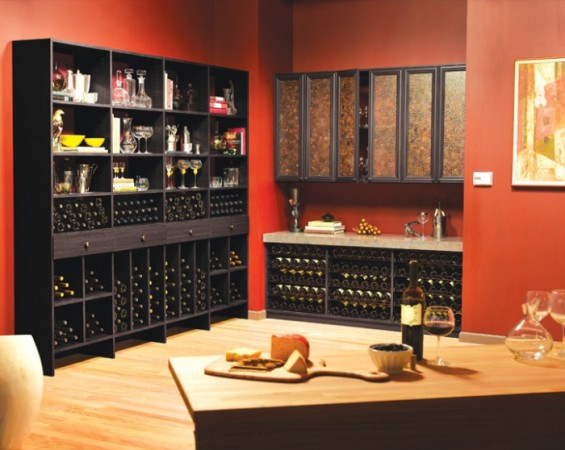 Red walls in the wine room.