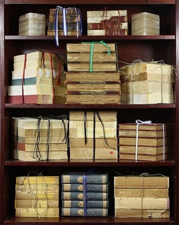Keywords: books, wooden shelf

Modified description: Stylish display of antique books stored on a rustic wooden shelf.