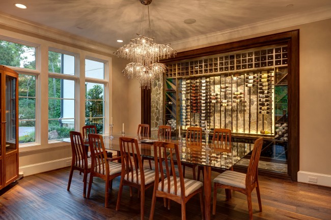 A dining room with Wine Storage