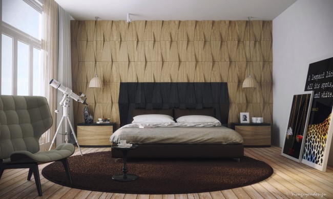 Dimensional panels highlight this bedroom wall