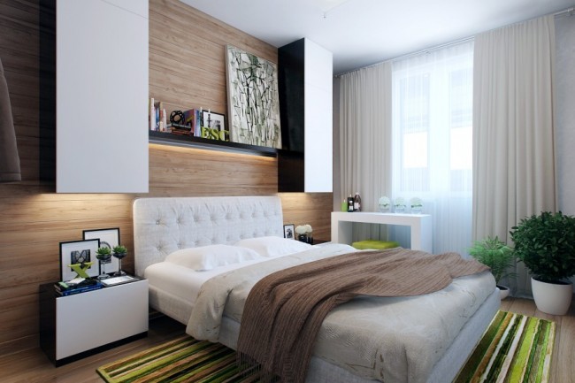 Shelves and architectural elements bring character and dimension to the bed wall