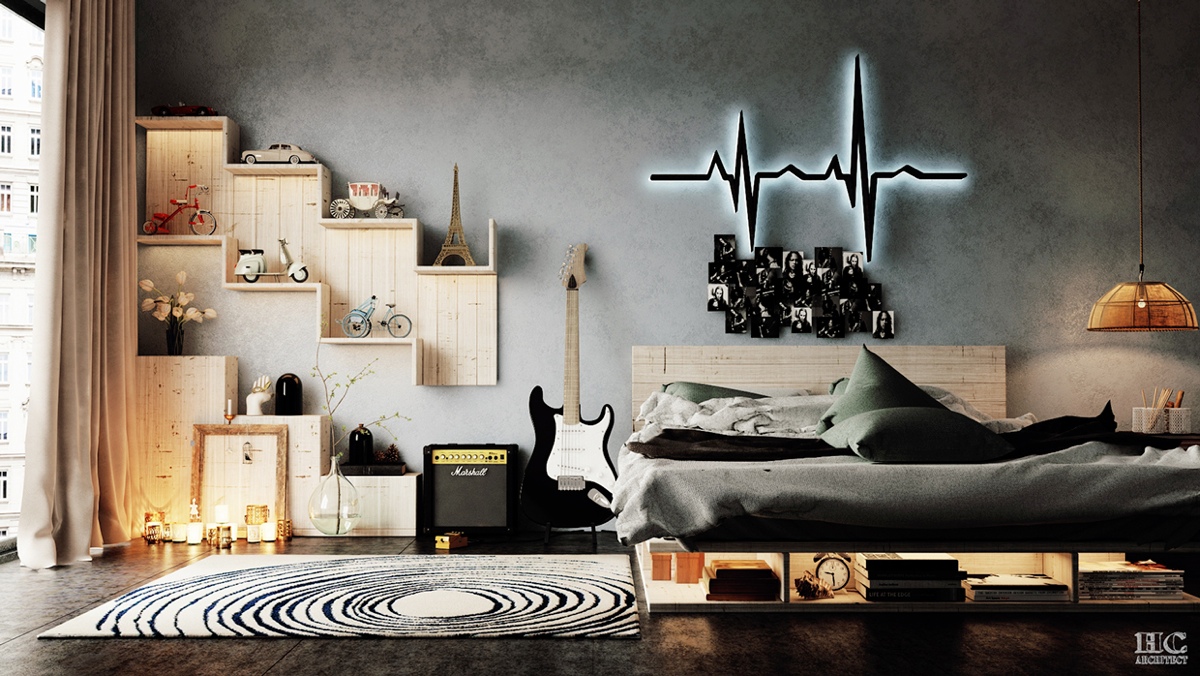 A bedroom with a bed and a bedside table, featuring creative ways to decorate your bed wall.