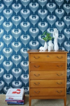 A dresser with peacock wallpaper, feather.