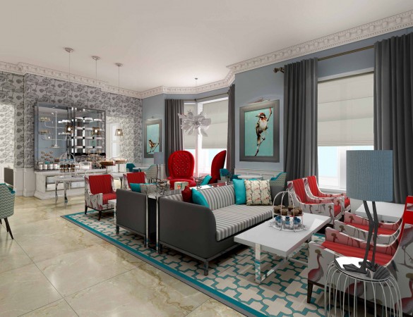 A living room with blue and red furniture, mixing modern style with classic architecture.