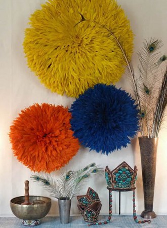 Bright feather wall hangings add texture and dimension