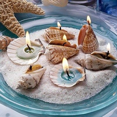 A plate adorned with candles and sea shells, creating a beautiful decorative display.