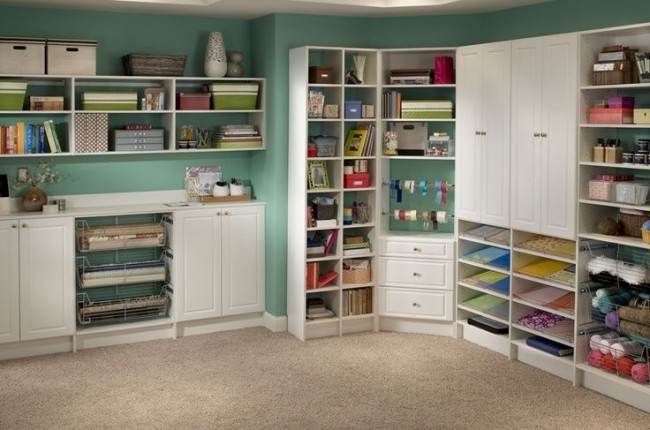 Shelving and cabinets for craft supply storage 