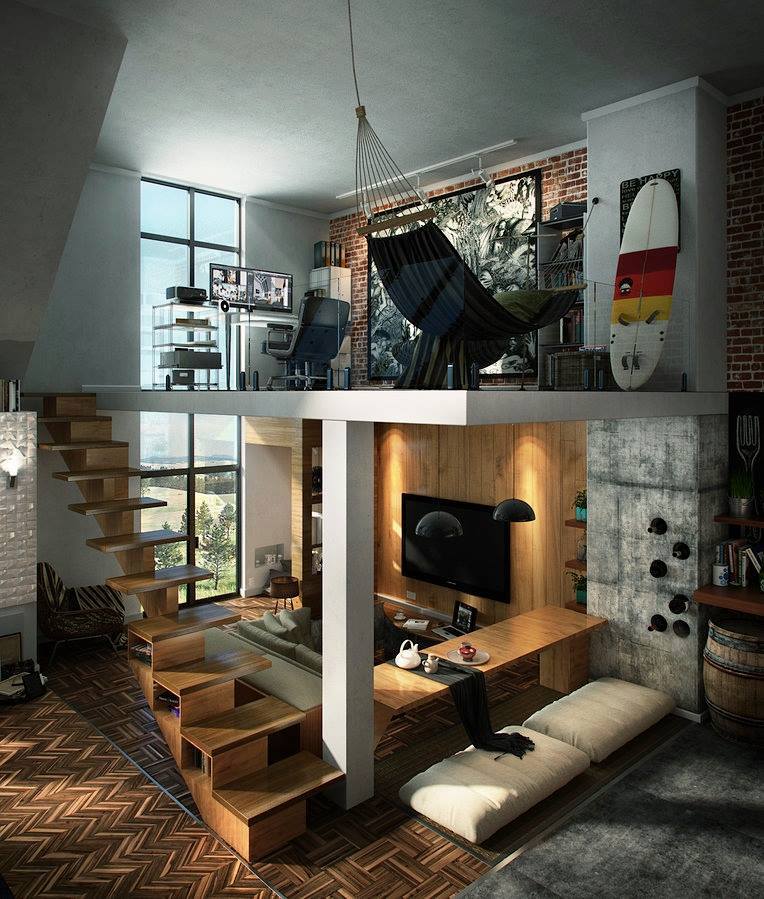 An image of a loft with stairs and a surfboard showcasing splendid room designs.