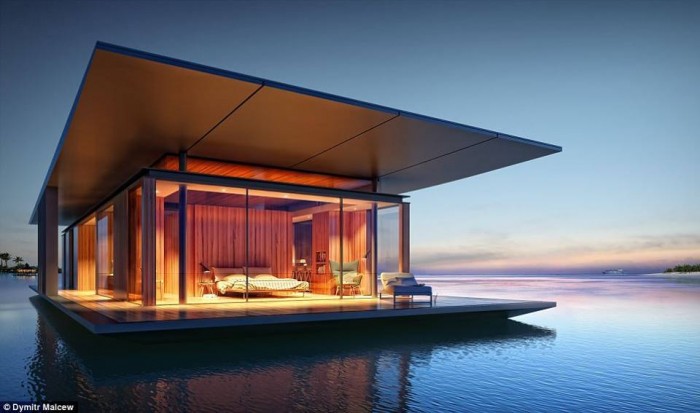 A serene floating house on the water at dusk.