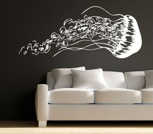 A fluid wall mural of a jellyfish adds interest and dimension to a modern room 