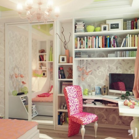 A girl's home office with a desk, chair, and bookshelf with design tips for her.