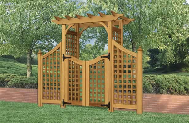 A wooden lattice garden gate.
