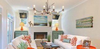 Fresh aqua and coral living room