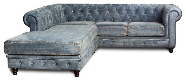Classic Chesterfield sofa covered in denim