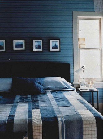 Pattern creates interest in a monochromatic blue room