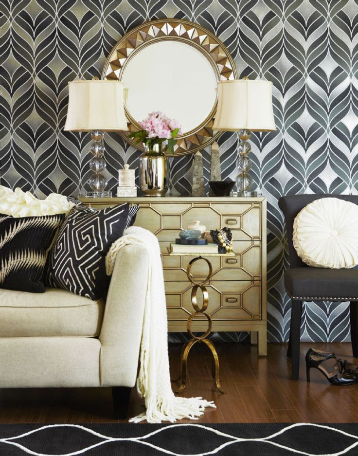 Creating a Living Room with a black and gold Art Deco wallpaper.