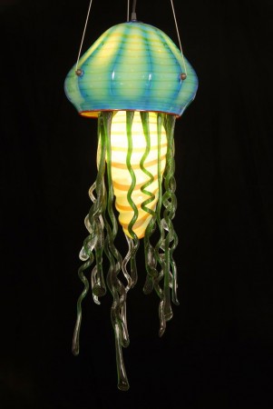 A jellyfish hanging lamp with ocean accents.