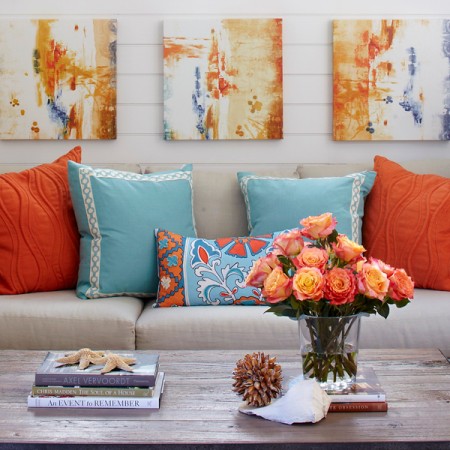 Variation of coral tones in the room details add dimension