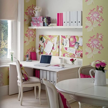 A feminine home office with pink and yellow floral wallpaper.